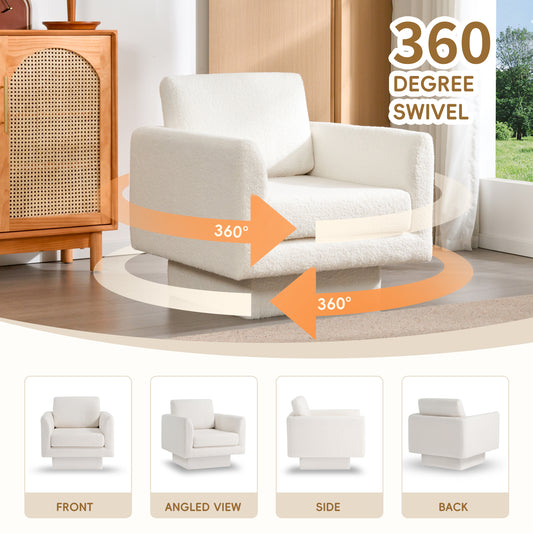 BTMWAY 360° Swivel Accent Chair, 30" Teddy Sherpa Round Armchair with Thick 6-Inch Cushion, Comfy Upholstered Lounge Barrel Chair for Living Room, Bedroom, Nursery, Reading Club, White