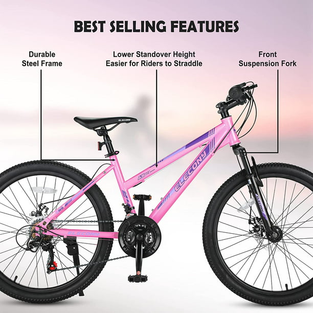 24" Mountain Bike for Teenagers Girls Women, SHINPT 21 Speeds Gear Bicycle with Dual Disc Brakes, Adult Bike with 100mm Front Suspension, Pink