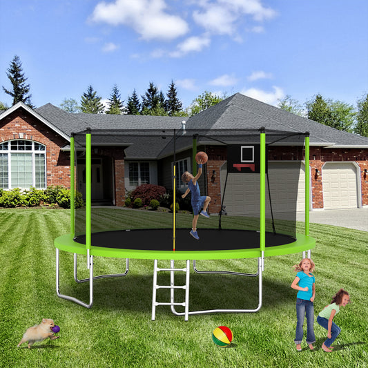 BTMWAY 14ft Trampoline with Basketball Hoop, Trampoline Outdoor Indoor with Enclosure Net & Ladder, Recreational Trampolines for Kids and Adults(3-4 Users), 1000lbs Capacity