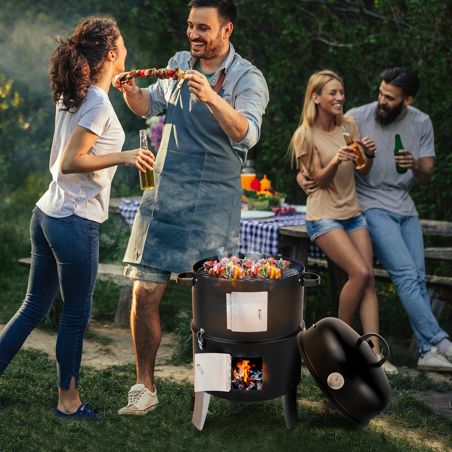 BTMWAY Vertical Steel Charcoal Smoker,Heavy Duty Double Layer Round BBQ Grill,idea for Outdoor Cooking,Camping,Black