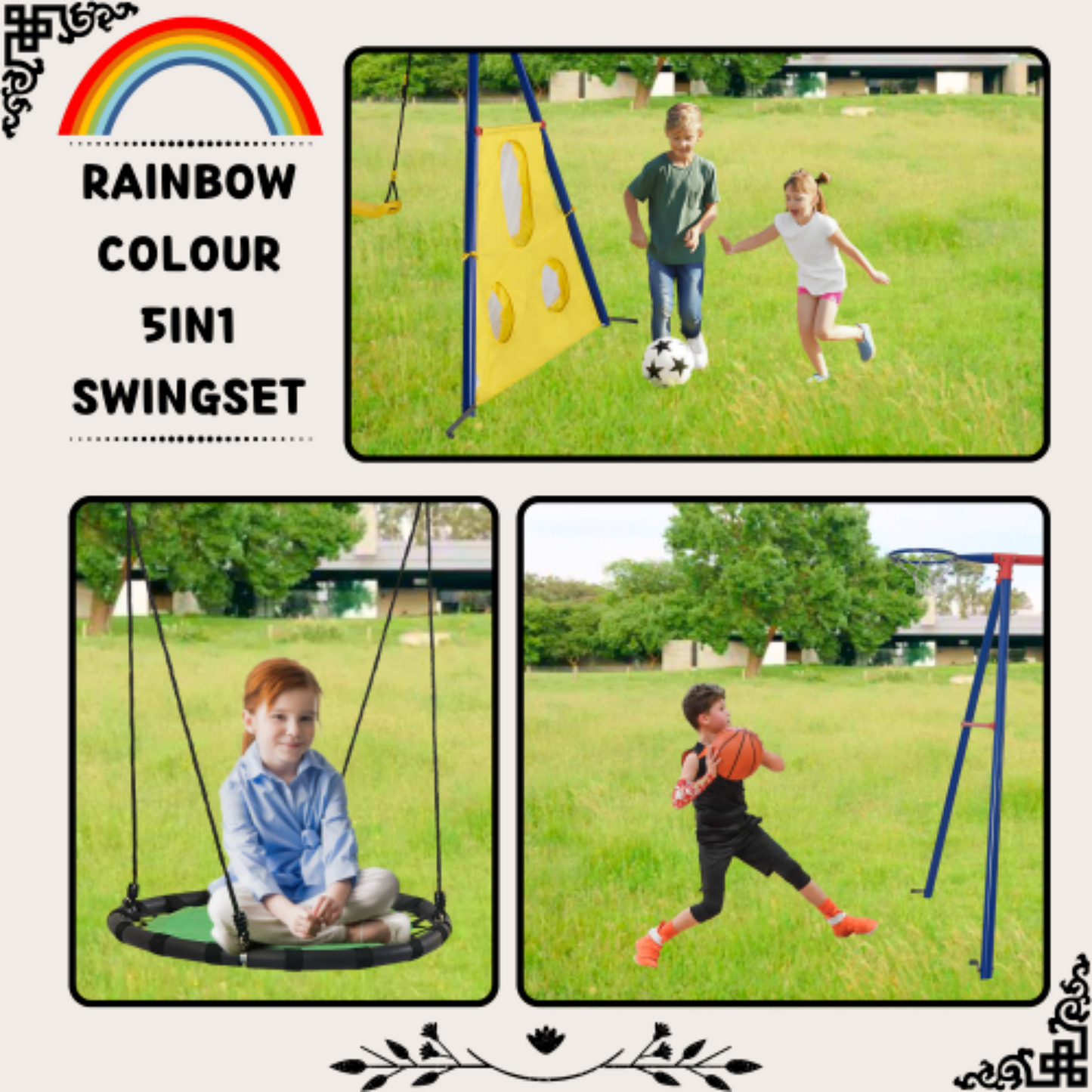 Rainbow Colour 5in1 Swingset, Yardmaster Heavy-Duty Metal Swing Sets with a Large and Small Disc Swing, Kids Swing Sets with Basketball Hoop and Football Net for Outdoor, Yard, Park, Backyard
