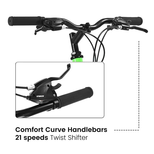 26 inch Mountain Bike, 21 Speed Bikes for Men, Front/Rear Shock Absorption, Adult Bicycle with Height Adjustable, High Quality Carbon Steel Frame, Road Bike for Outdoor Camping Riding Casual-Green