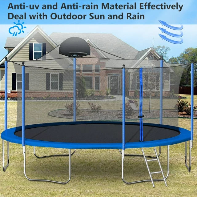 Trampoline for Kids, 14 Feet Outdoor Trampoline with Safety Enclosure Net, Basketball Hoop and Ladder, Blue Round Trampoline for Indoor or Outdoor Backyard, L3730