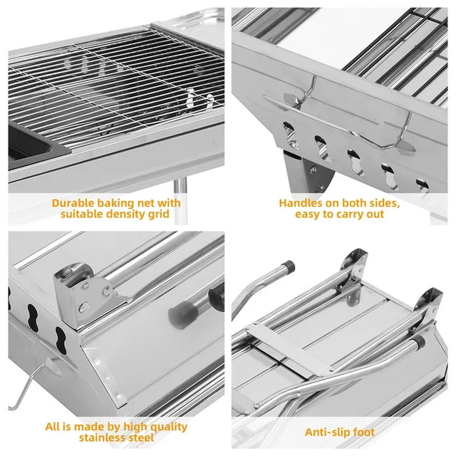 BBQ Charcoal Grill, BTMWAY 28x12 inches Outdoor Barbecue Portable Grill, Stainless Steel Camping Grill for Home Outdoor Travel Picnic Use, Foldable Cooker Silver Patio Grill Backyard Cooking