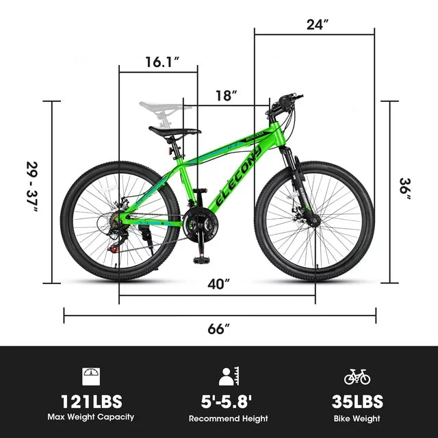 Mountain Bike for Women Girls, 24 inch Wheels Hardtail Adult Bicycle 21 Speed with Aluminium Frame, Dual Disc Brake, High-Quality Tires Bicicleta de Montaña-Green