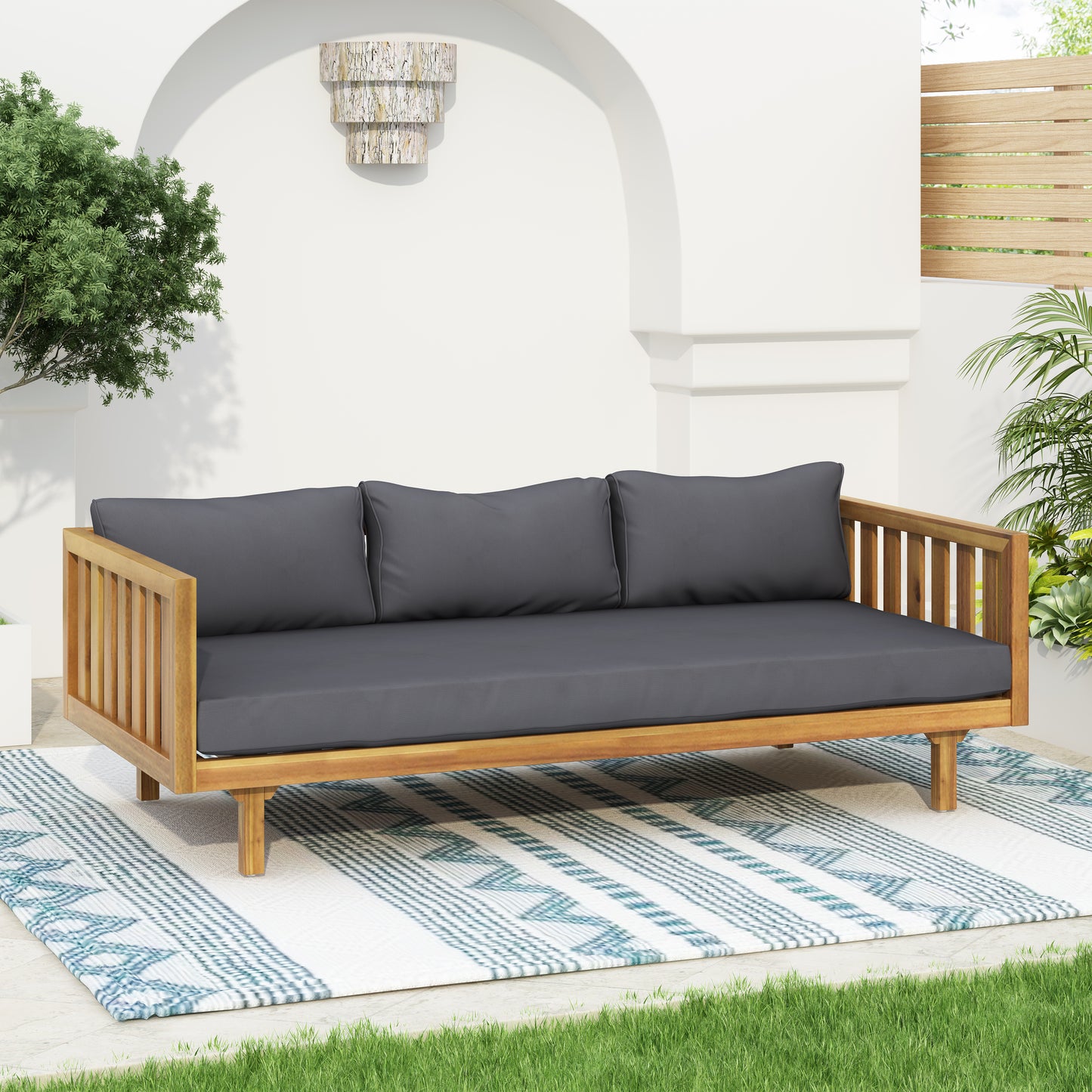 BTMWAY 3-Seater Daybed with Cushions, Featuring Acacia Wood Frame and Rattan Accents,Perfect for Lounging and Entertaining