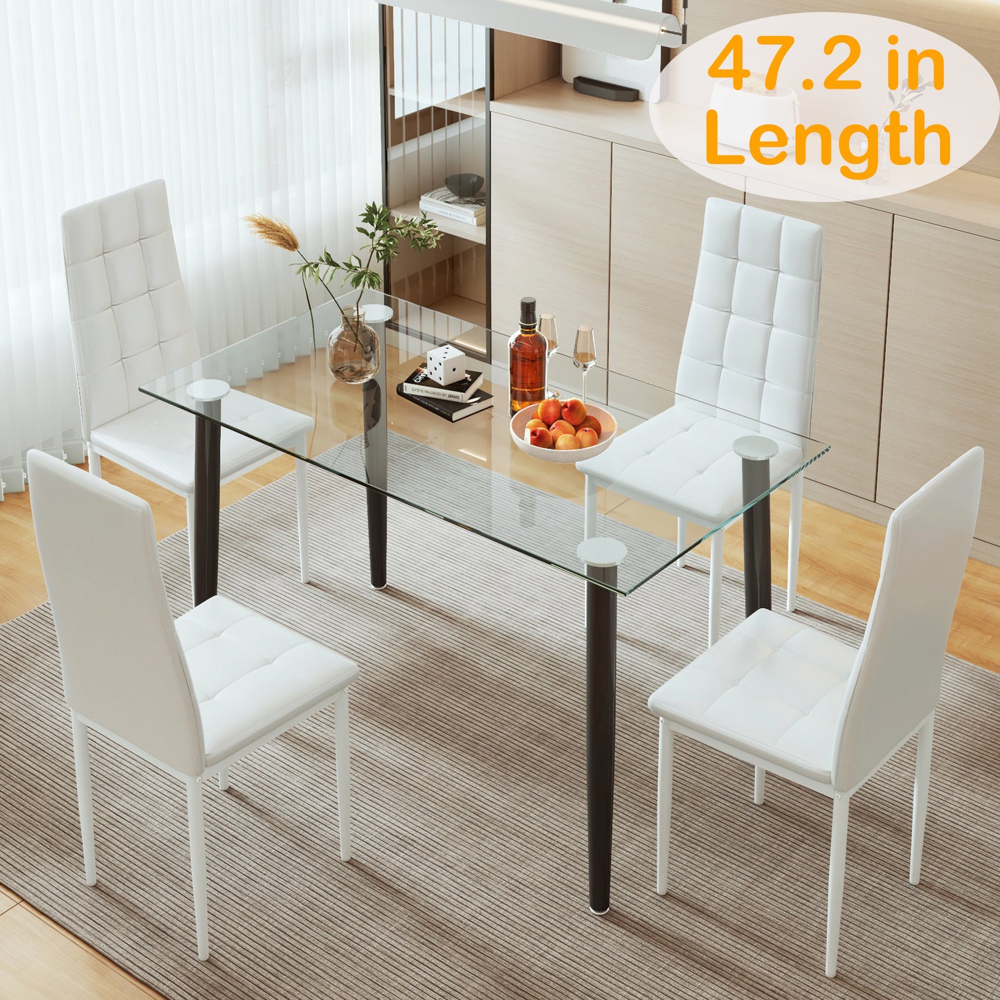 5 Piece Dining Set, BTMWAY 47in Long Modern Dining Table Set for 4, Tempered Glass Dining Table and 4 Chairs Set of 5, Rectangle Kitchen Table Set for, Glass Tabletop Dining Room Set, White
