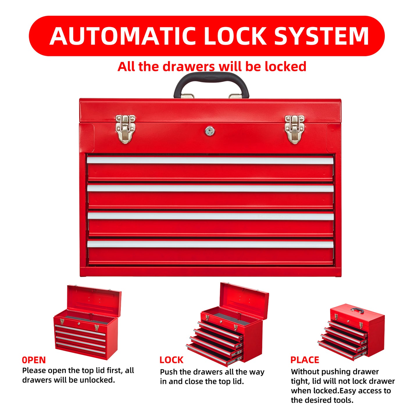 BTMWAY 20.3" Metal Tool Box with 4 Drawers and Deep Top Box, Portable Steel Tool Chest with Metal Cylinder Lock and Latch Closure, for Garage, Warehouse, and Outdoor Repair Jobs, Red