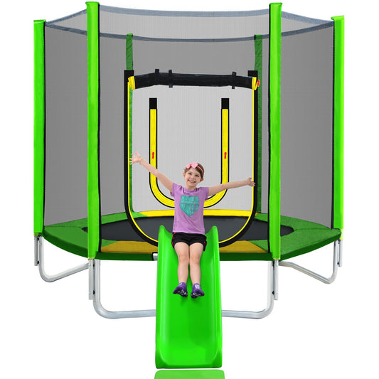 7FT Trampoline for Kids with Safety Enclosure Net, Slide and Ladder, Easy Assembly Round Outdoor Recreational Trampoline,green
