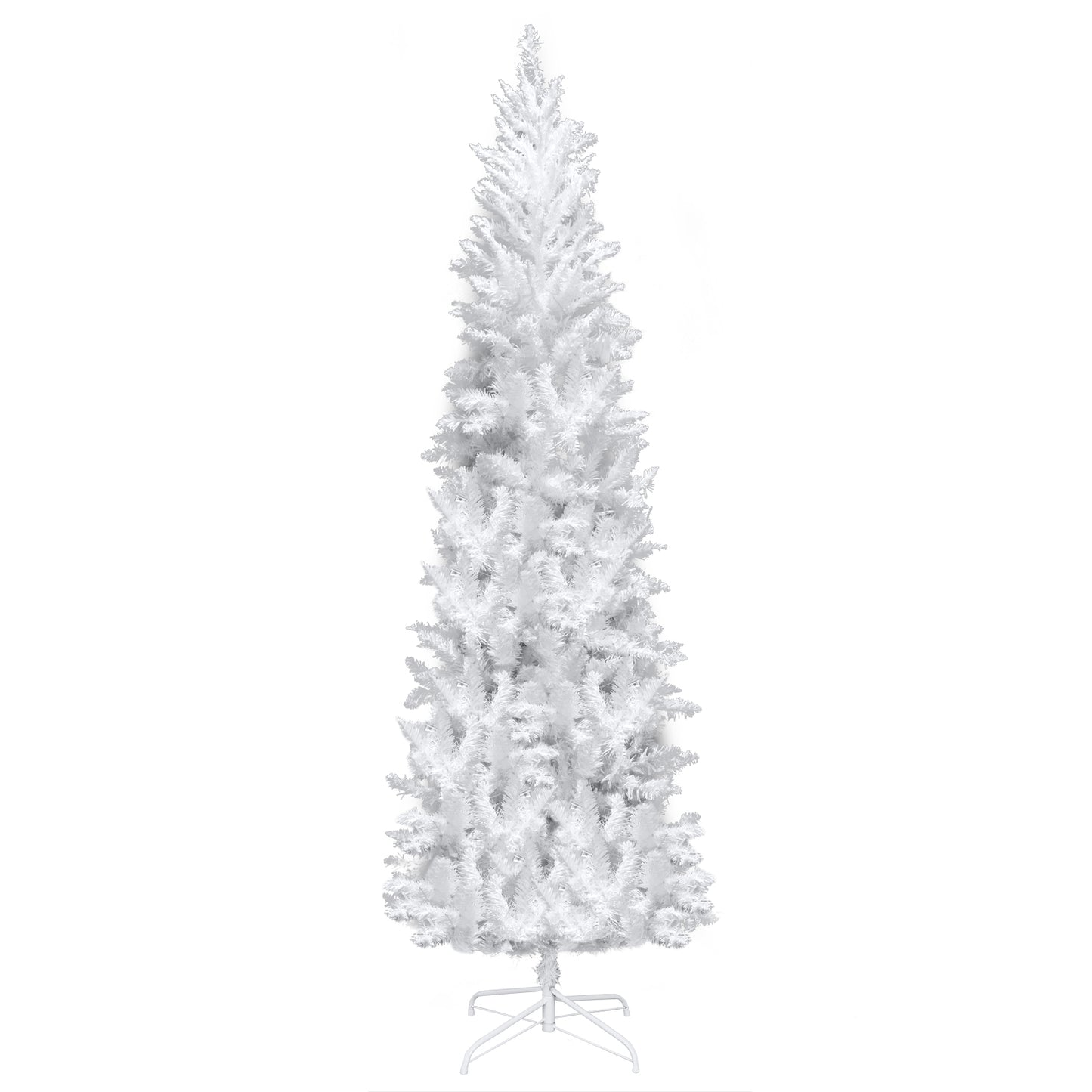 Pre-lit Artificial Christmas Trees, BTMWAY 6.5 Ft Pencil Slim Christmas Trees with Lights, 719 Branch Tips, Metal Base, White, R234