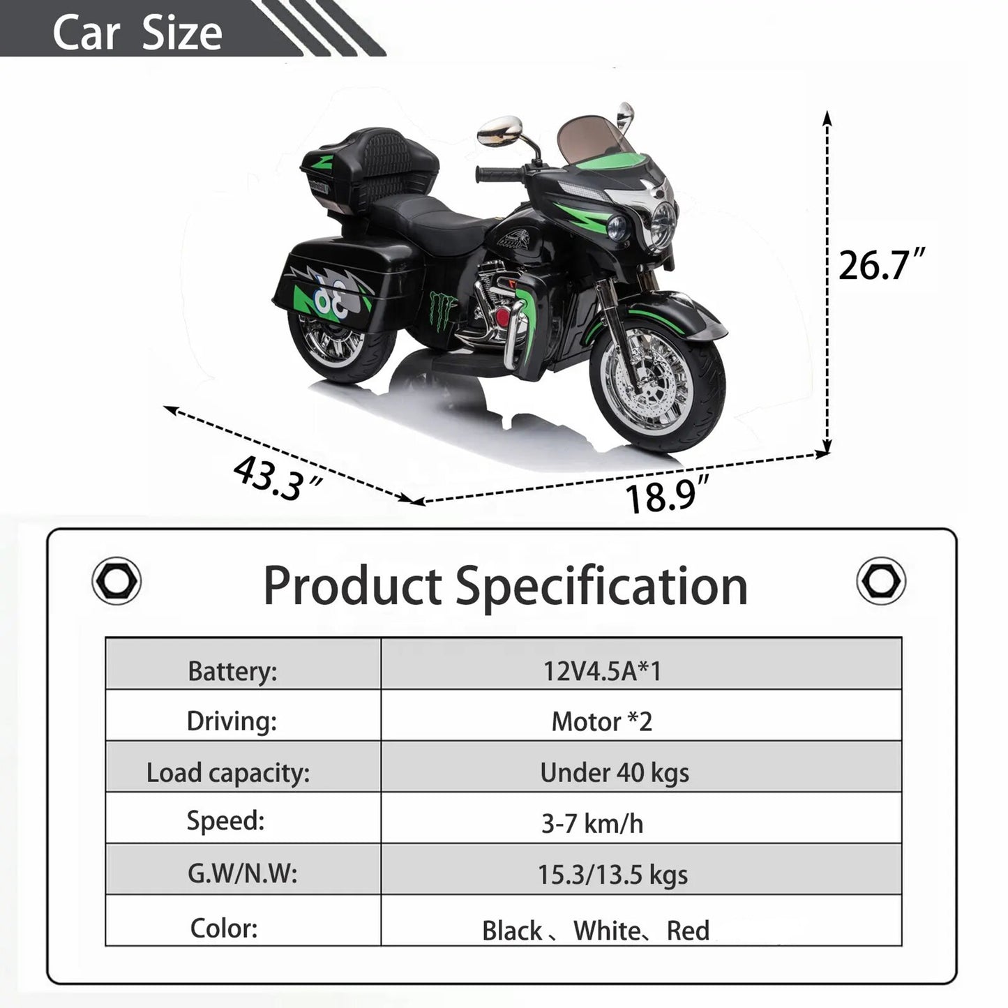 BTMWAY 12V Kids Electric Motorcycle with 3 Wheels, 2 Seater Ride-On Motorbike with Key Start, Headlights, Storage Box, 2 Motors for Boys & Girls Ages 3-8, Black, Perfect Holiday & Toddler Gift