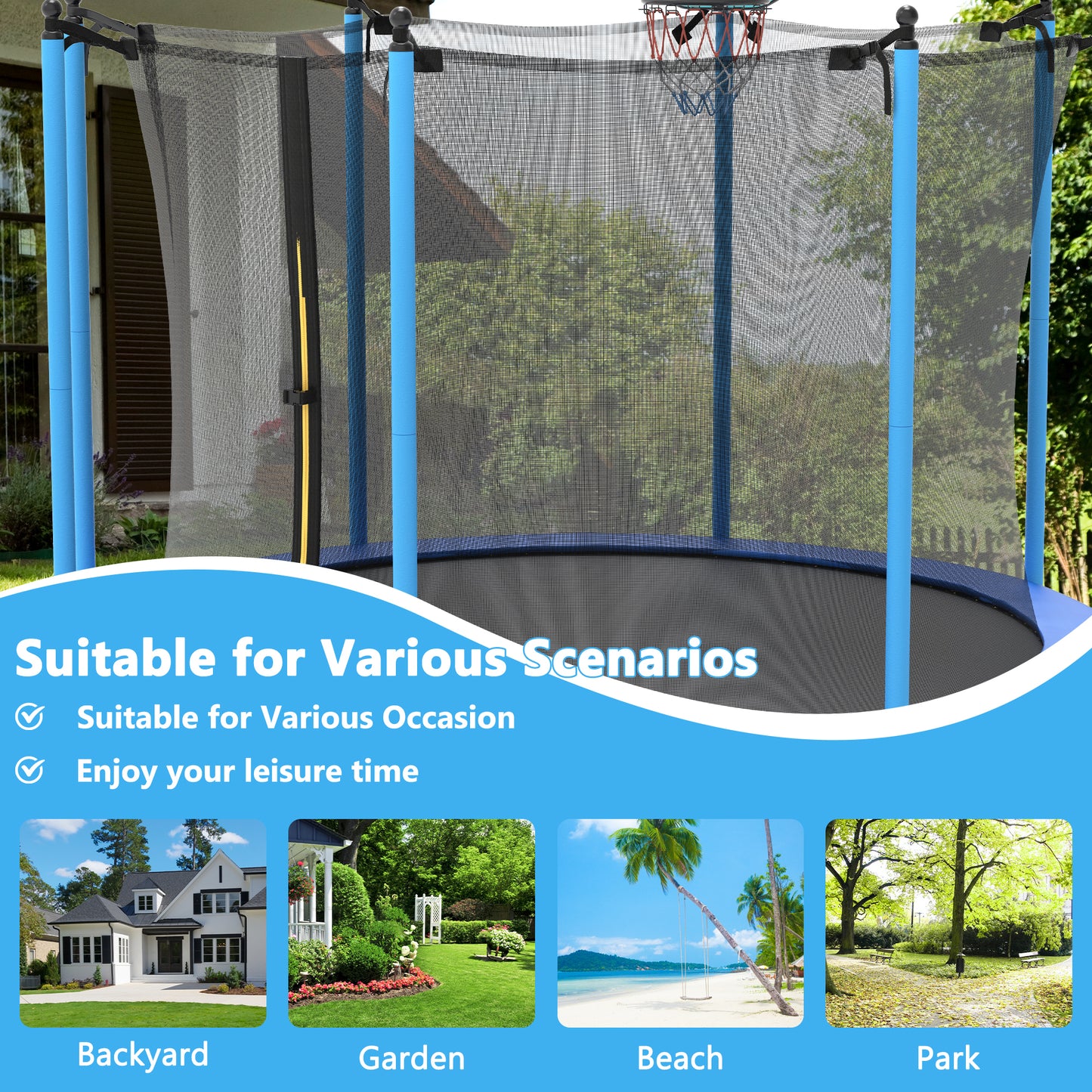 BTMWAY 10ft Trampoline for Kids with Basketball Hoop and Enclosure Net/Ladder,Blue