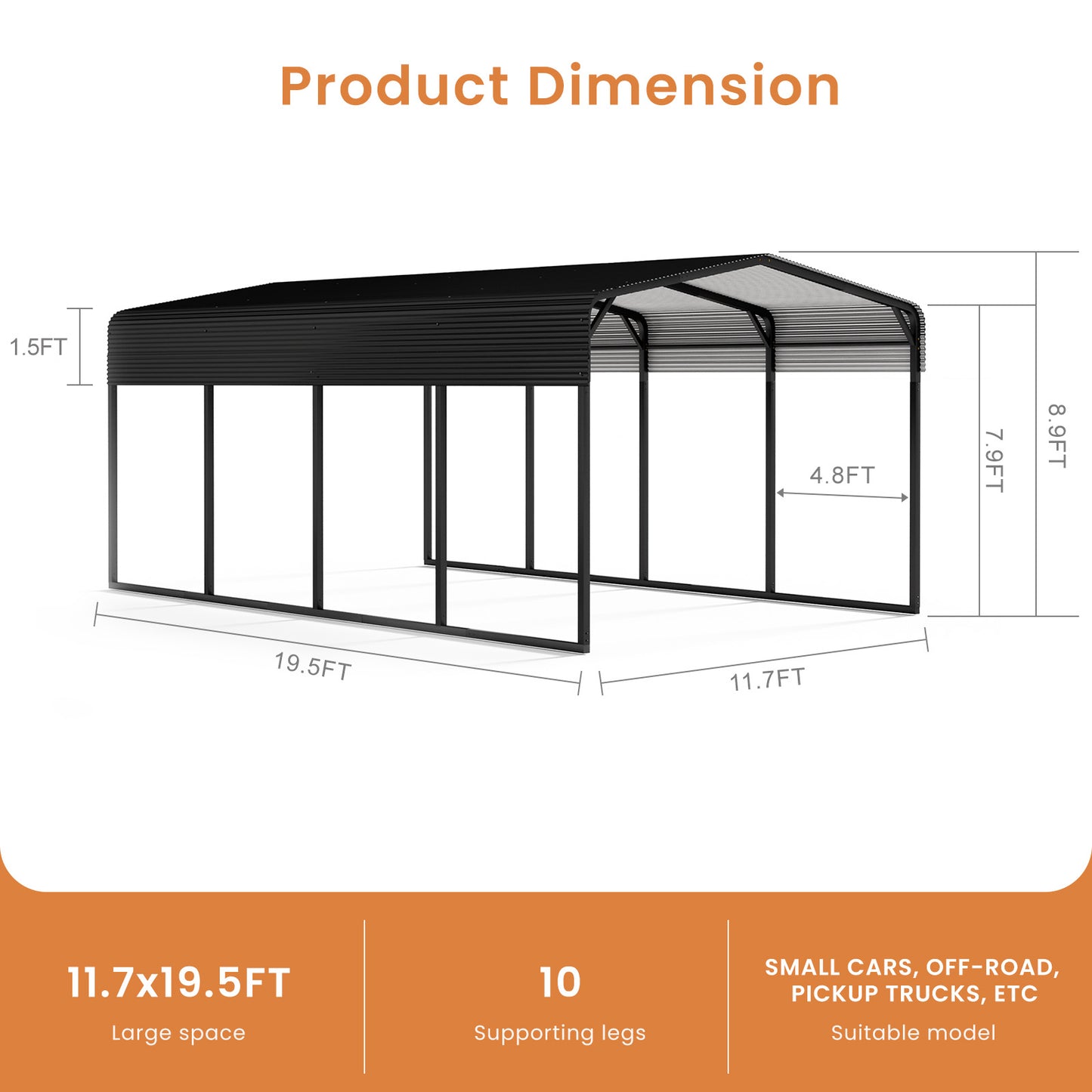 12 x 20 ft Carport Galvanized Steel Roof - 12' x 20' x 8.9' Multi-Use Shelter, Sturdy Metal Carport for Cars, Boats, and Tractors
