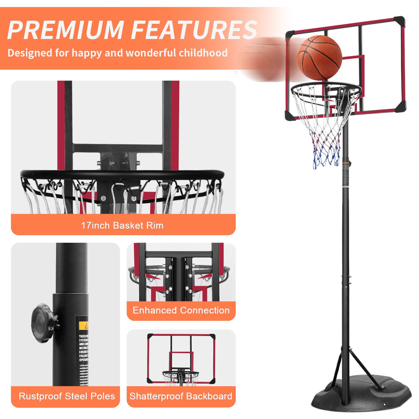 BTMWAY 7.5FT- 9.2FT Height Adjustable Basketball Goal with 32in Shatterproof Backboard, Basketball Stand Hoop Goal System with Wheels for Youth Adult Yard Indoor Outdoor, Red