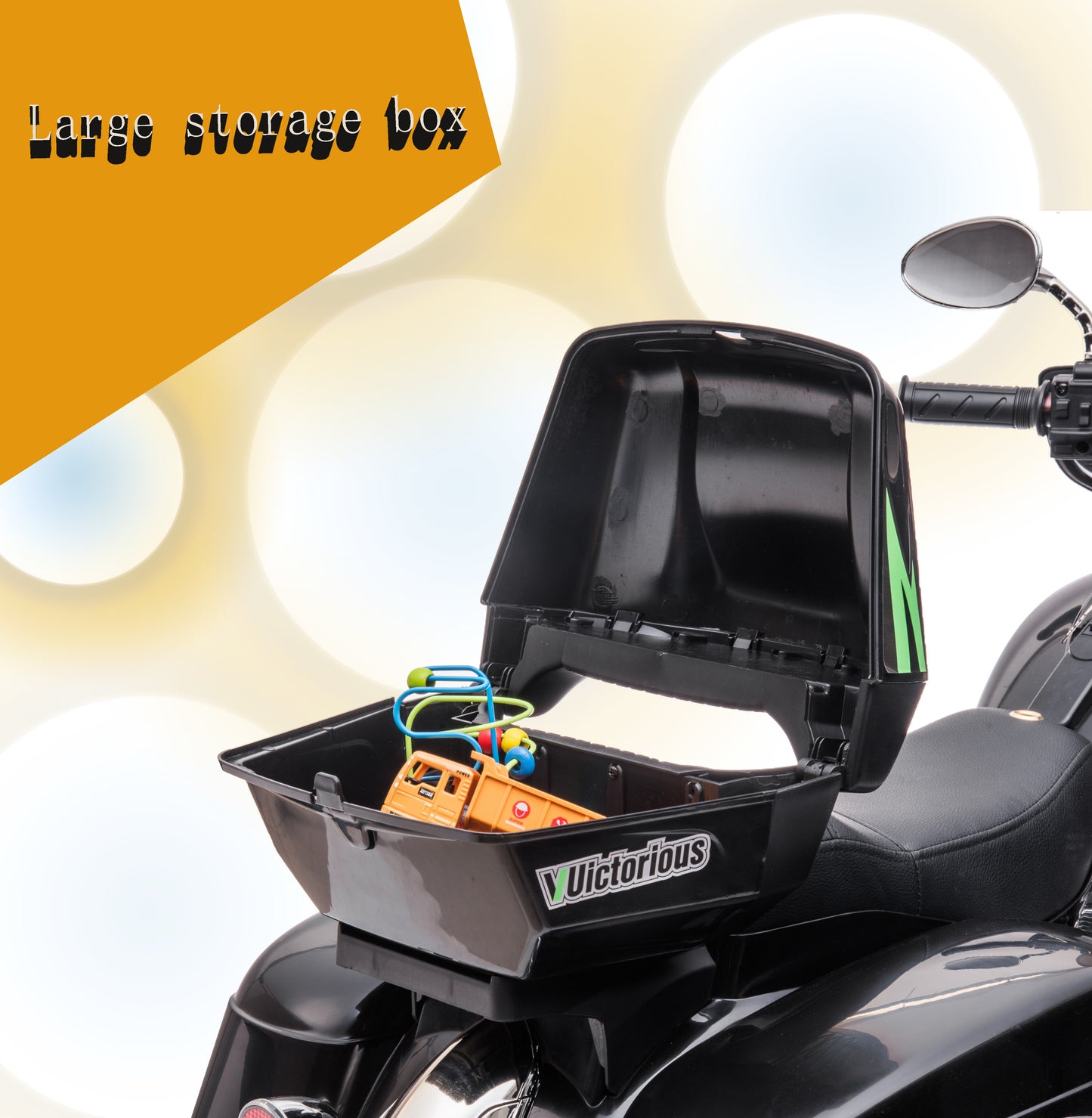 BTMWAY 12V Kids Electric Motorcycle with 3 Wheels, 2 Seater Ride-On Motorbike with Key Start, Headlights, Storage Box, 2 Motors for Boys & Girls Ages 3-8, Black, Perfect Holiday & Toddler Gift