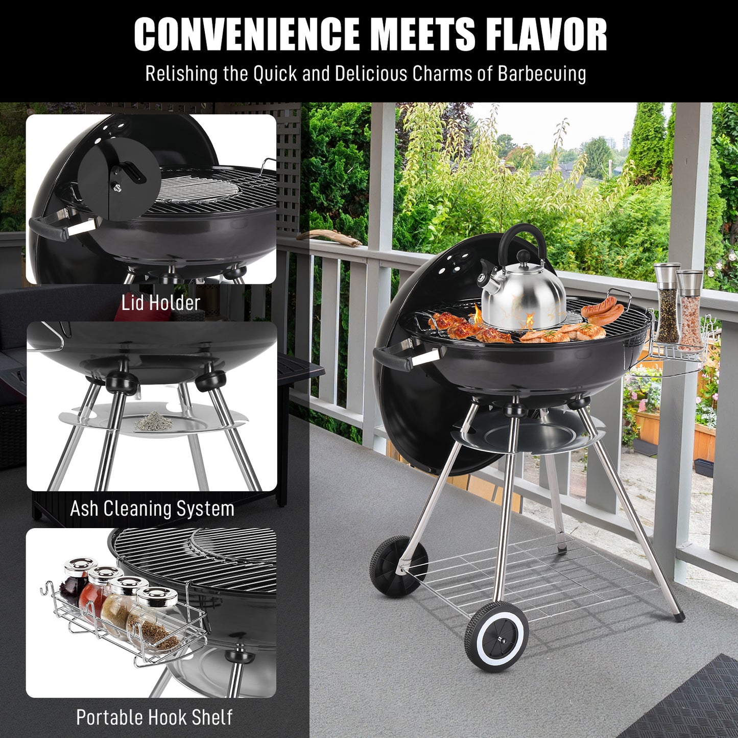 BTMWAY 28 in Apple Charcoal Stove Enamel (Cover Furnace Body) White Side Wheel Diameter Barbecue Grill Desk Tabletop Outdoor Grill for Camping Picnics Garden Beach Party