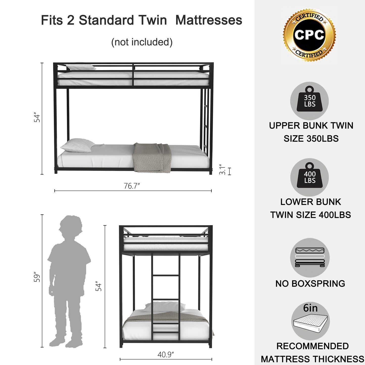 BTMWAY Metal Twin Over Twin Bunk Bed with Removable Ladder, Heavy Duty Frame with Guardrails, Noise-Free Design, No Box Spring Needed, Sturdy & Durable for Kids, Teens, and Adults, White