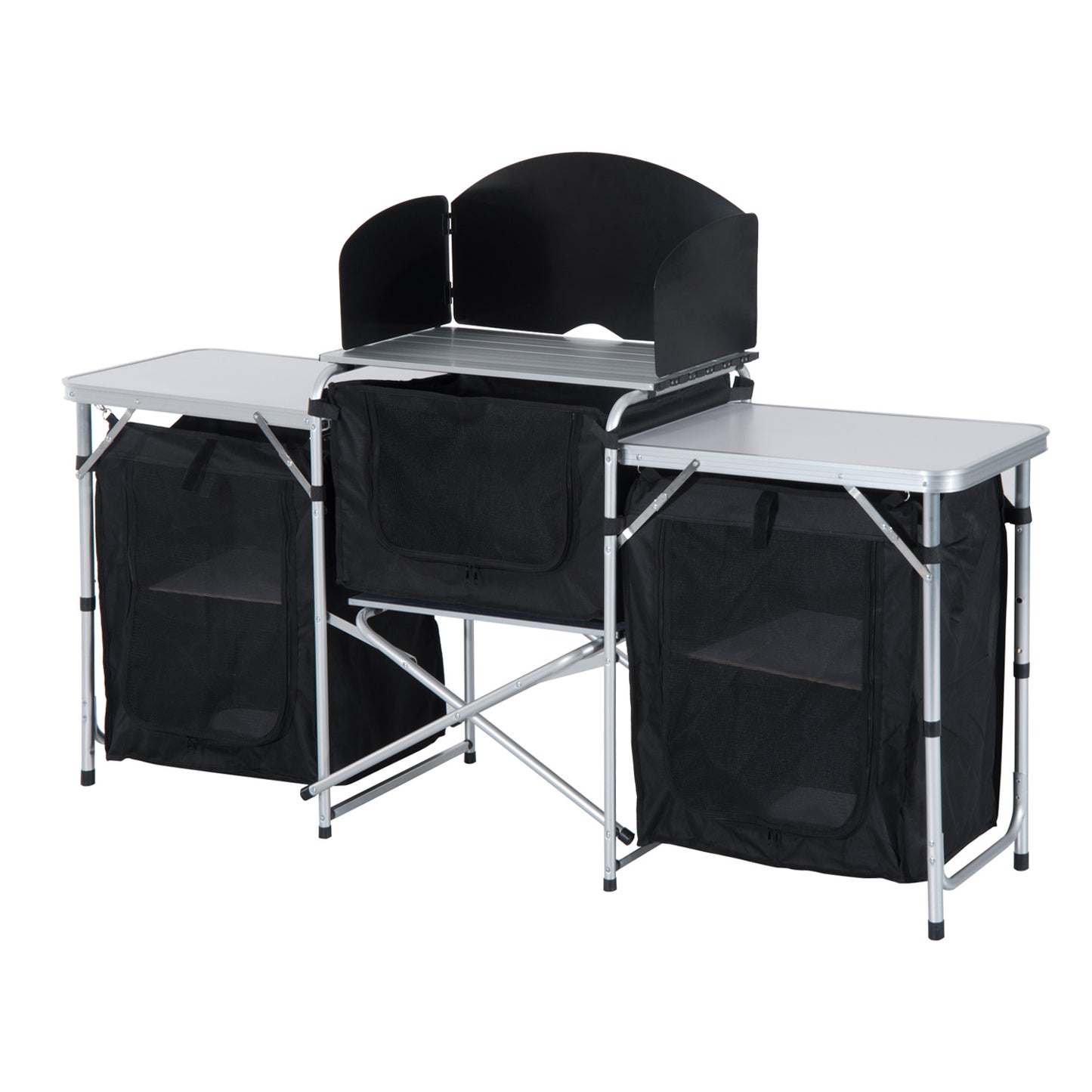 BTMWAY Fold-Up Camping Table with Windscreen and 3 Enclosed Cupboards, Aluminum Portable Camping Table, Perfect Cooking Table for Outdoor Activities like BBQ, Party, Picnics, Backyards