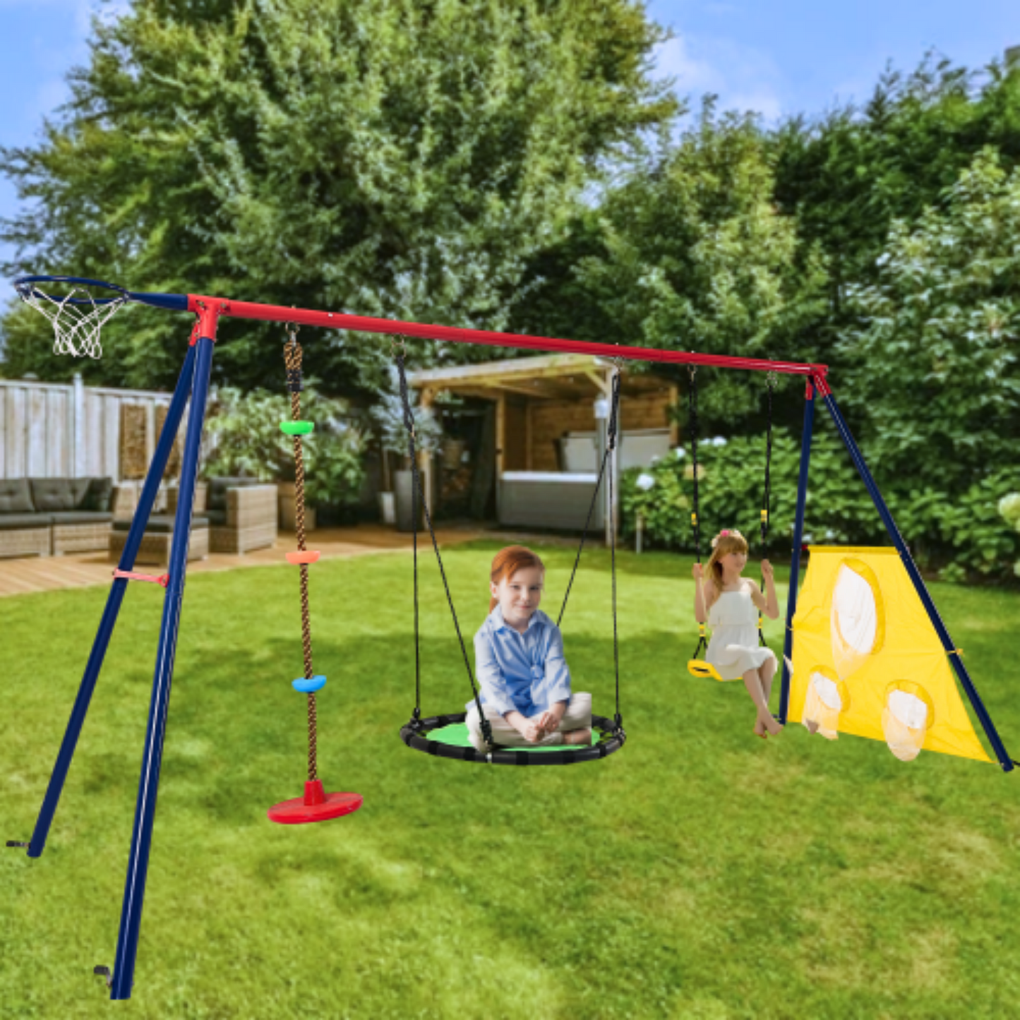 Rainbow Colour 5in1 Swingset, Yardmaster Heavy-Duty Metal Swing Sets with a Large and Small Disc Swing, Kids Swing Sets with Basketball Hoop and Football Net for Outdoor, Yard, Park, Backyard