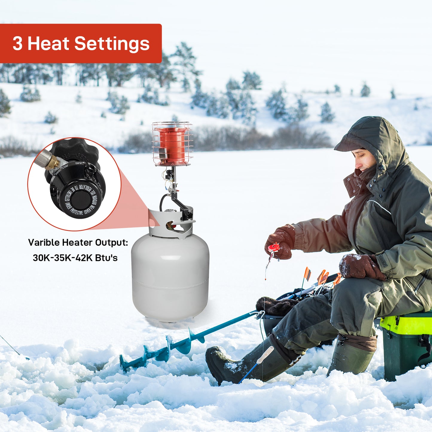 BTMWAY 42000 BTU Outdoor Gas Tank Top Heater, 360-Degree Portable Heater with Switch for Indoor Outdoor Camping Garage Hunting Fishing, Silver