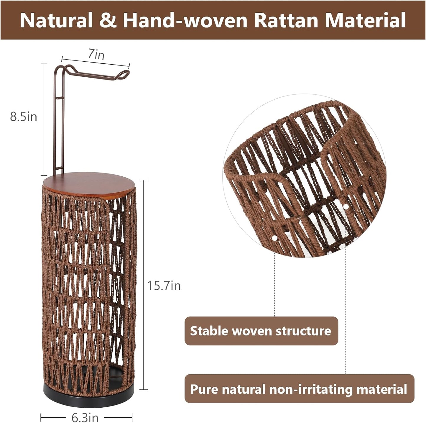 BTMWAY Toilet Paper Holder Free Standing with Shelf, Handmade Woven Toilet Paper Holder Stand for 4 Rolls, Toilet Paper Storage for Phones and Small Items, Tissue Holder for Bathroom