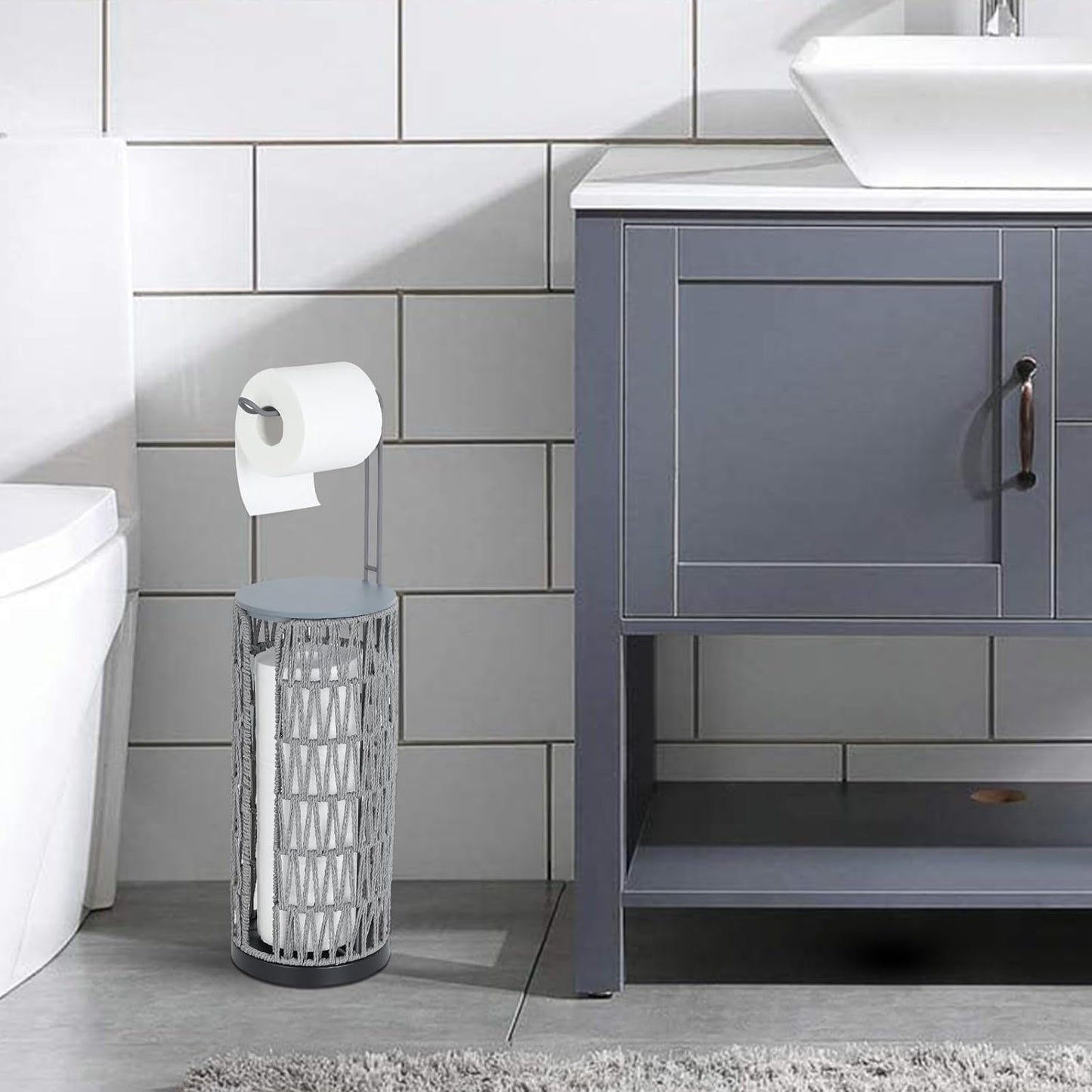 BTMWAY Toilet Paper Holder Free Standing with Shelf, Handmade Woven Toilet Paper Holder Stand for 4 Rolls, Toilet Paper Storage for Phones and Small Items, Tissue Holder for Bathroom