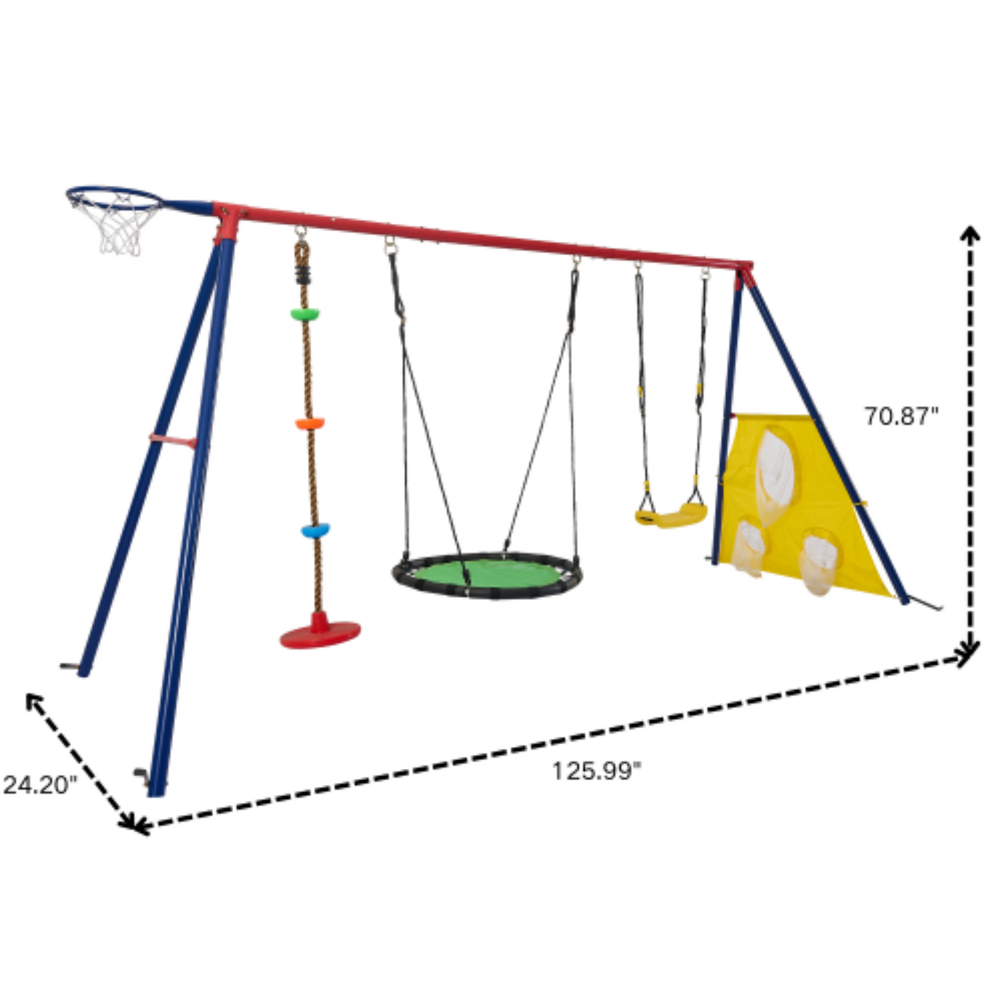 Rainbow Colour 5in1 Swingset, Yardmaster Heavy-Duty Metal Swing Sets with a Large and Small Disc Swing, Kids Swing Sets with Basketball Hoop and Football Net for Outdoor, Yard, Park, Backyard