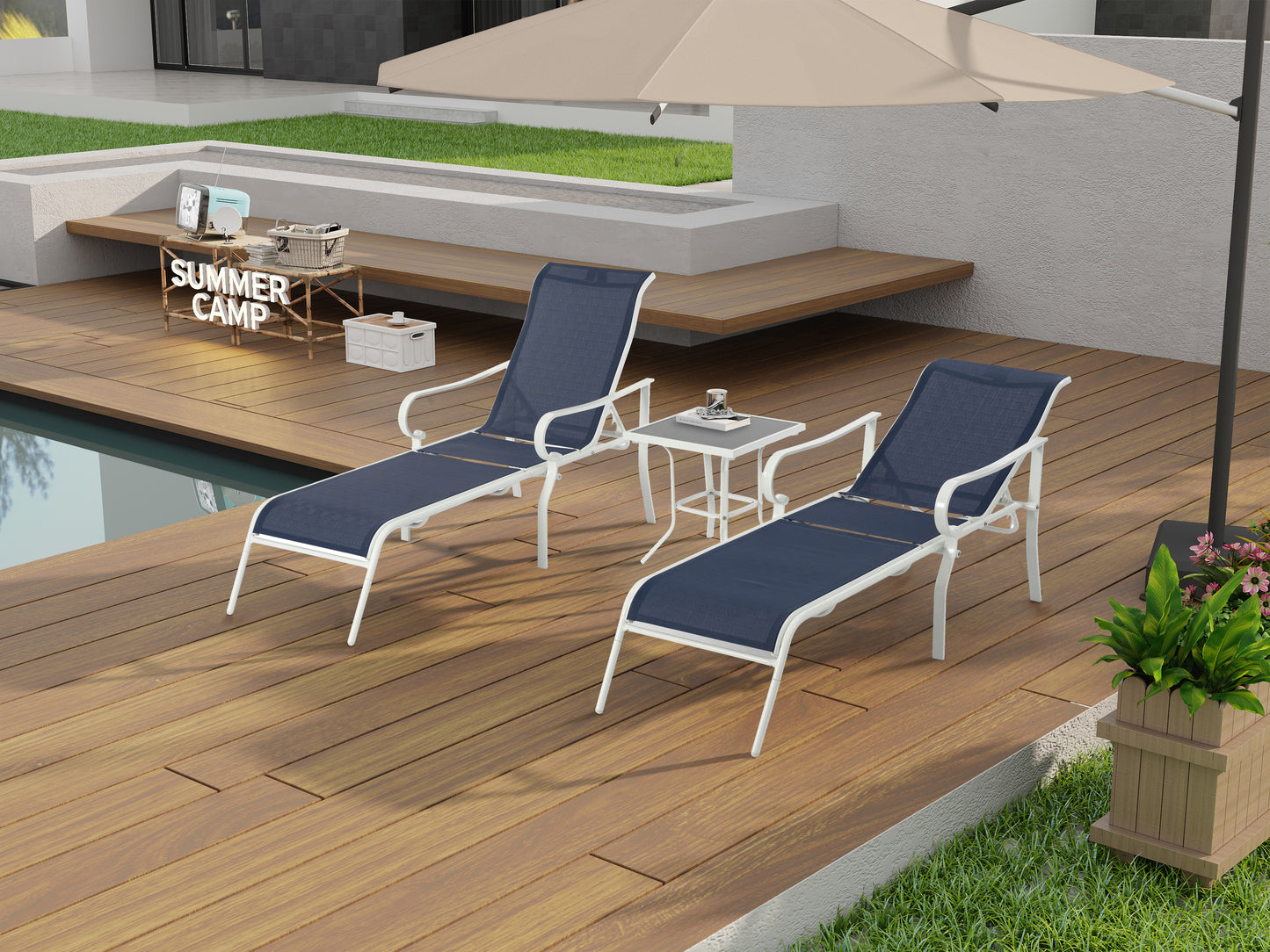 BTMWAY 3 Pcs Patio Lounge Chair with 5 Adjustable Backrest, Chaise Lounge Chair Outdoor with Table, Folding Chaise with Sturdy Steel Frame, Tanning Chair for Outside, Yard, Balcony, Pool, Blue