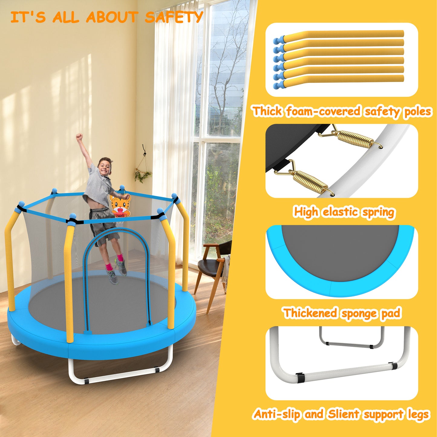 BTMWAY 55" Toddler Trampoline with Safety Enclosure Net, Trampoline Indoor & Outdoor, Mini Trampoline for kids 1-8 with Basketball Hoop, Ball and Thick Foam Protection, Birthday Gifts for Boys&Girls