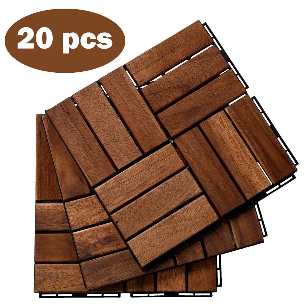 12" x 12" Outdoor Floor Tiles, BTMWAY Square Teak Interlocking Deck Tiles, All-Weather Waterproof Wood Acacia Tiles Patio Garage Flooring Tiles for Garden Deck Poolside, Set of 20 Tiles, A6937