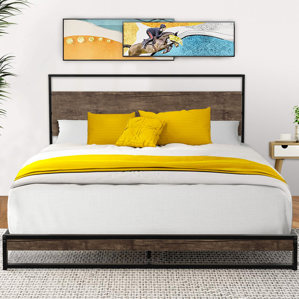 Queen Size Bed Frame, Modern Industrial Queen Bed Frame for Teens, Queen Platform Bed Frame for Adult, Metalen Bedframe with Headboard & Metal Slats, No Box Spring Needed, Queen Size, A1340