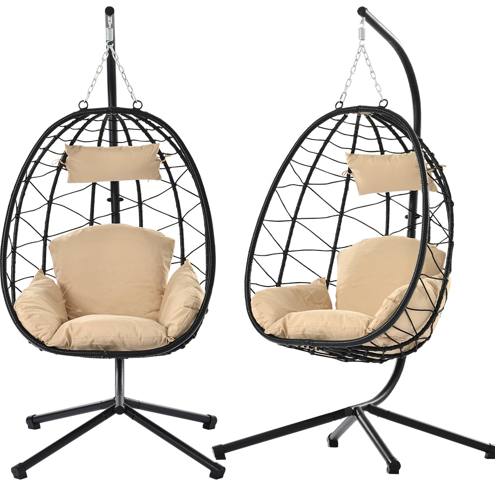 Patio Wicker Hanging Egg Chair, BTMWAY Indoor Outdoor Swing Egg Chair with Stand and Cushions, Flooring Hammock Chair Patio Lounger Chairs, Weight Capacity - 300lbs,A2843