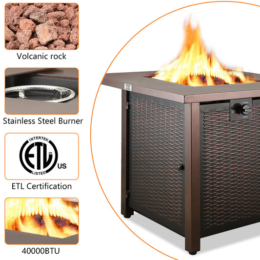 Outdoor Gas Fire Pit Table, BTMWAY 28in Square Patio Propane Fire Pit with Lid, 40,000 BTU Auto-Ignition Outdoor Propane Firepit Fireplace, for Backyard Porch Deck Backyard, w/Lava Rock, Bronze, A2930