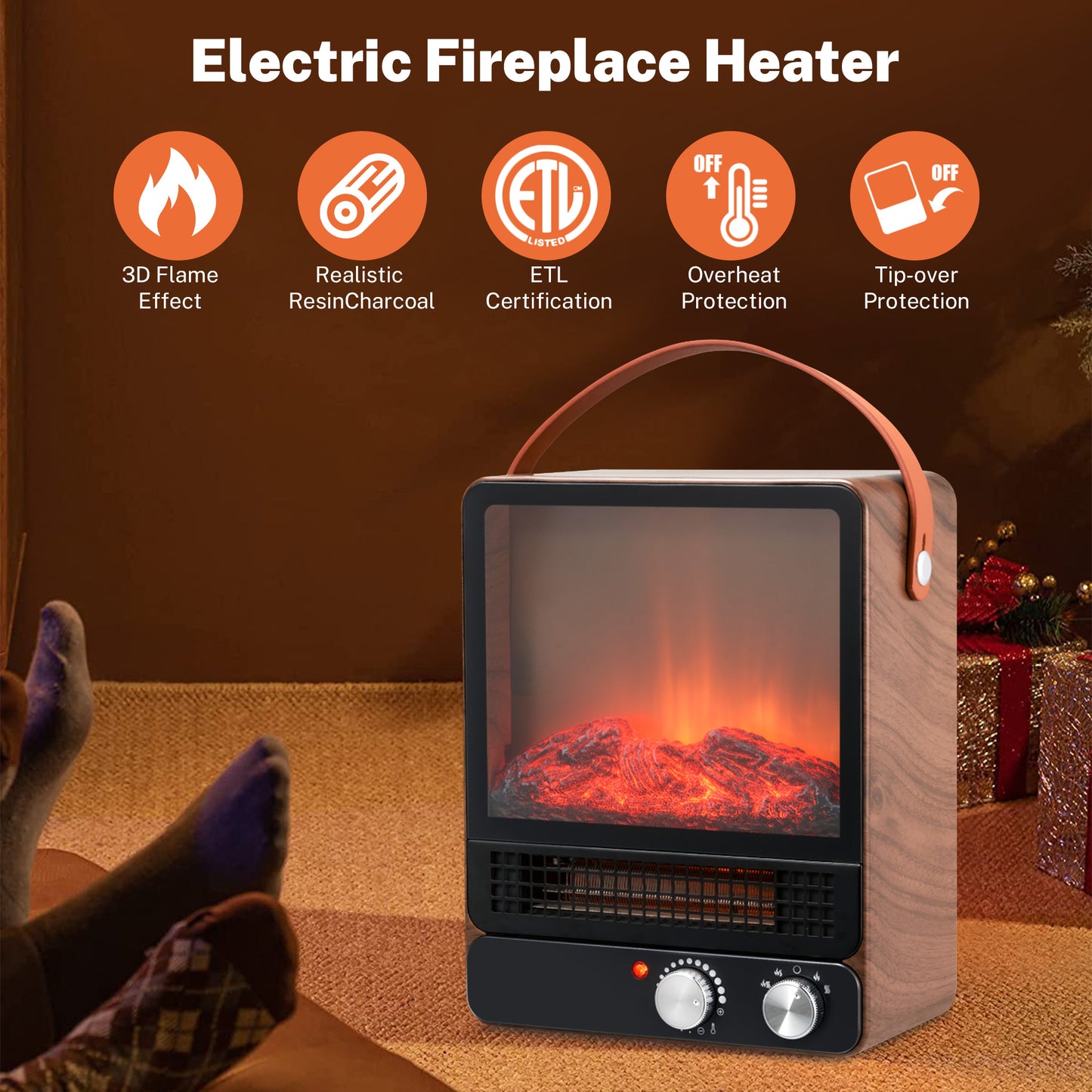 Electric Fireplace Heater, 14'' 1400W Freestanding Fireplace Stove for Living Room Bedroom, Black