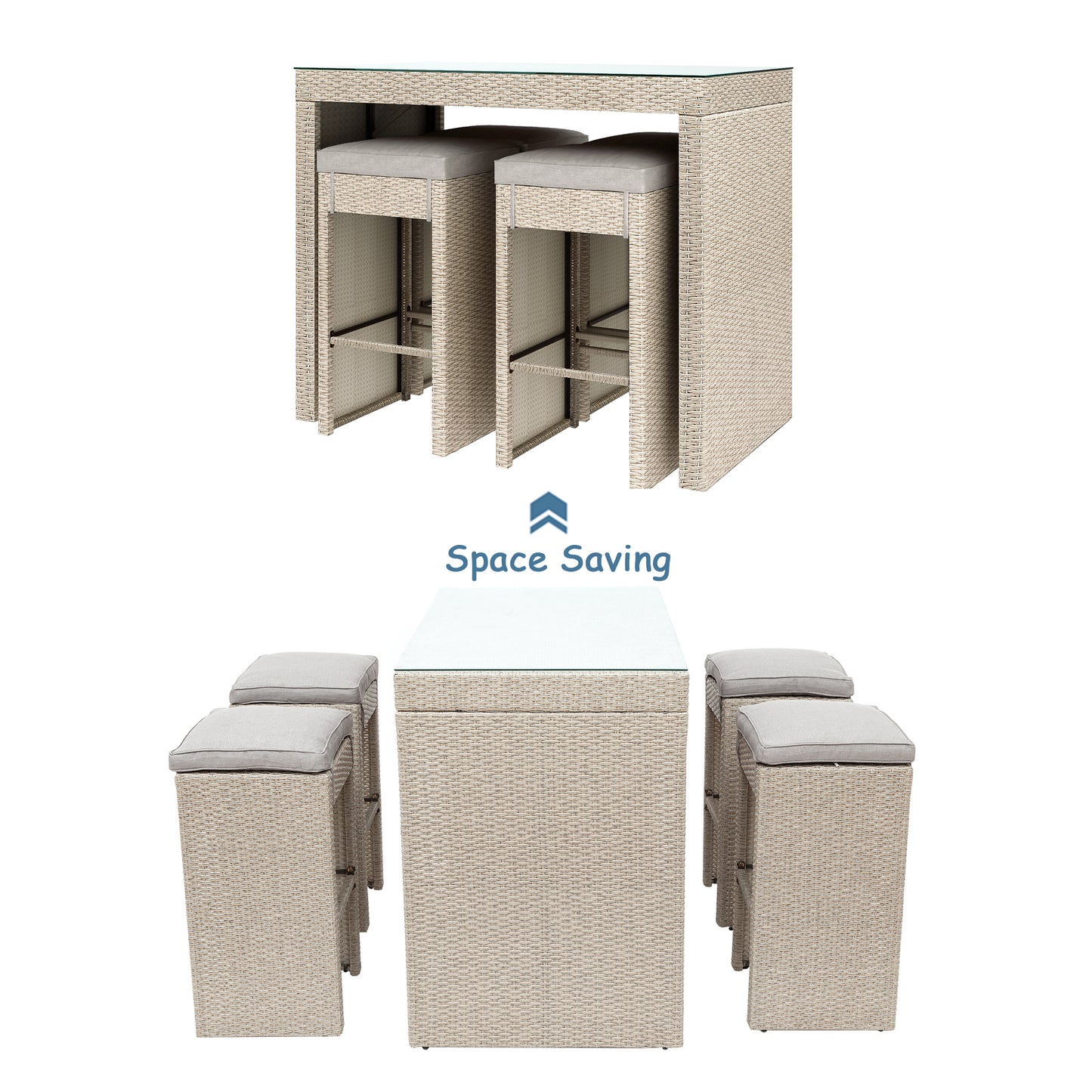 BTMWAY Patio Bar Sets, 5-piece Rattan Outdoor Patio Furniture Set, Wicker Pub Bistro Patio Sets with 4 Stools, Glass Bar Table, Modern Patio Conversation Set for Backyard, Garden, Lawn, Brown Wicker