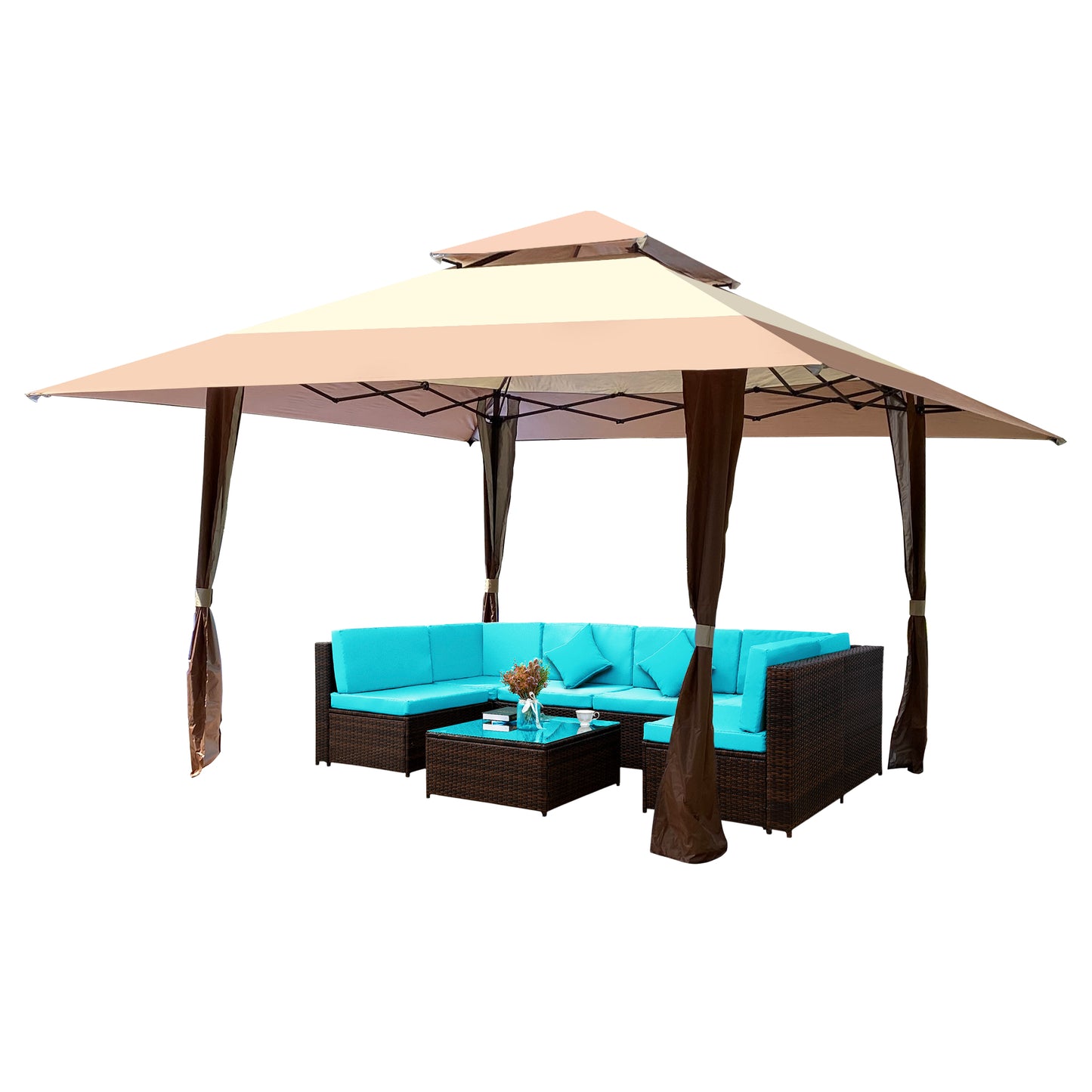 Outdoor Gazebo 13x13, BTMWAY Waterproof Patio Canopy Gazebo, Outdoor Gazebo with Corner Curtain, Double Roof, Soft Top, Metal Frame Patio Canopy for Parties Lawn Garden Backyard, Deck, Coffee