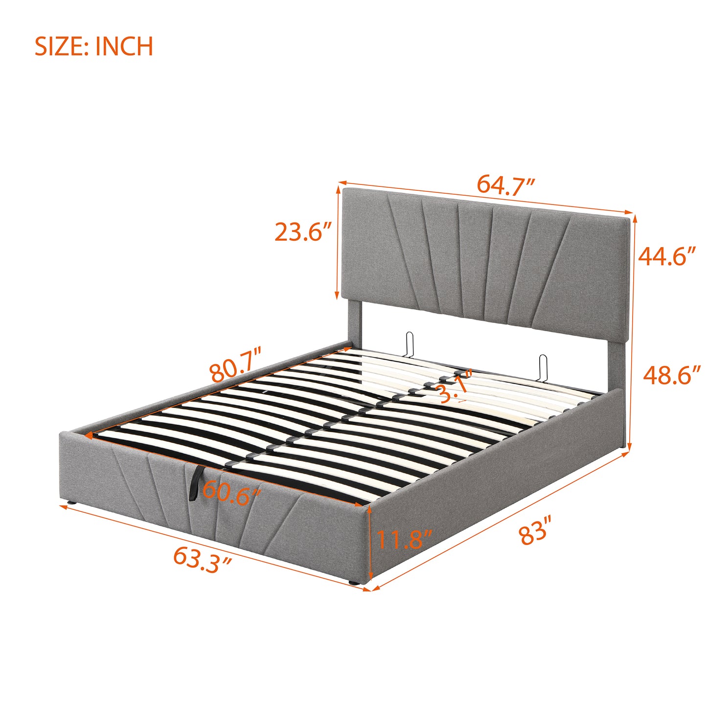 Upholstered Bed with Storage, BTMWAY Queen Size Upholstered Platform Bed with Headboard, Queen Bed Frame for Kids Adults, Slatted Bed No Box Spring Needed w/Hydraulic Storage System, Gray, N220