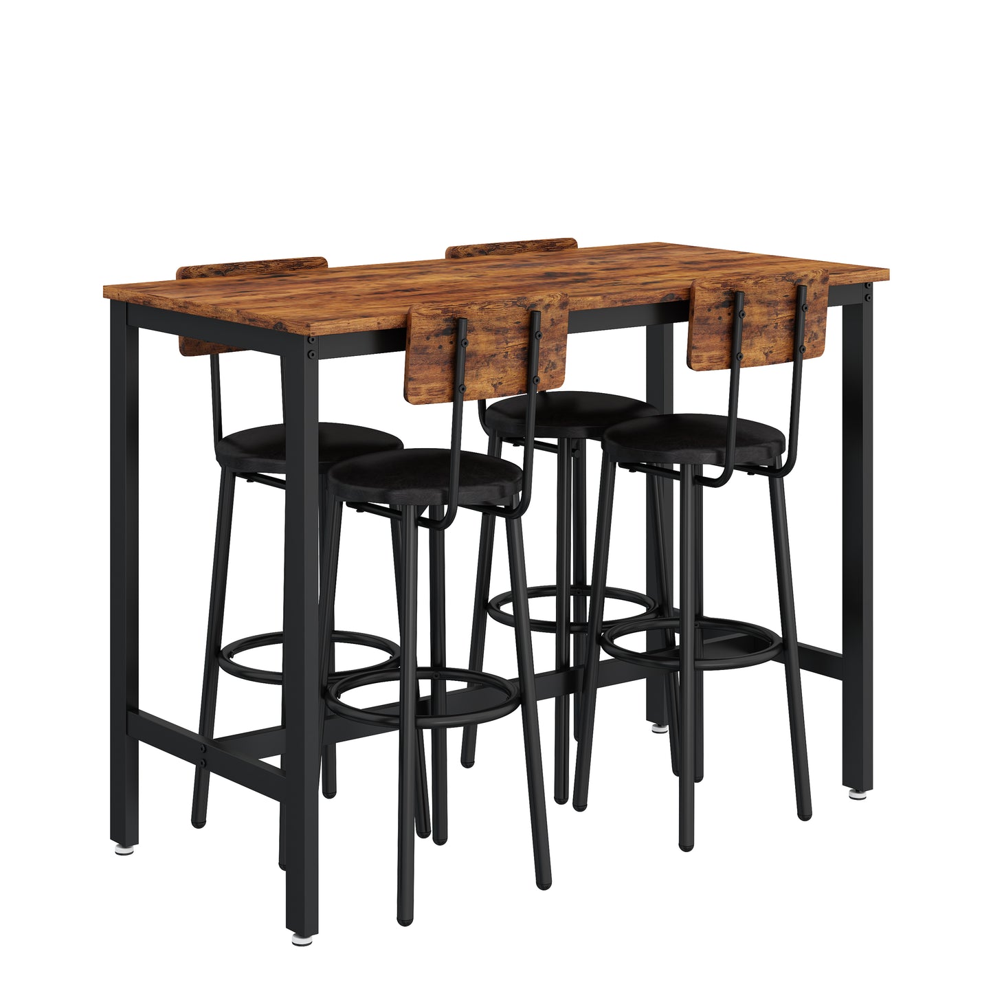 Metal Dining Set for 4, BTMWAY Counter Height Dining Room Table and Chairs for Kitchen, High Top Bar Bistro Pub Table Set, with Cushioned Back-support Stools, Rustic Brown,A5340
