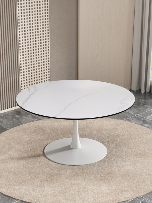 31.5" Dining Table for Restaurant, BTMWAY Mid-century White Marble Tulip Style Round Dining Room Table, Contemporary Leisure Coffee Cocktail Table, Metal Pedestal, MDF Top, for 4 Person, A3494