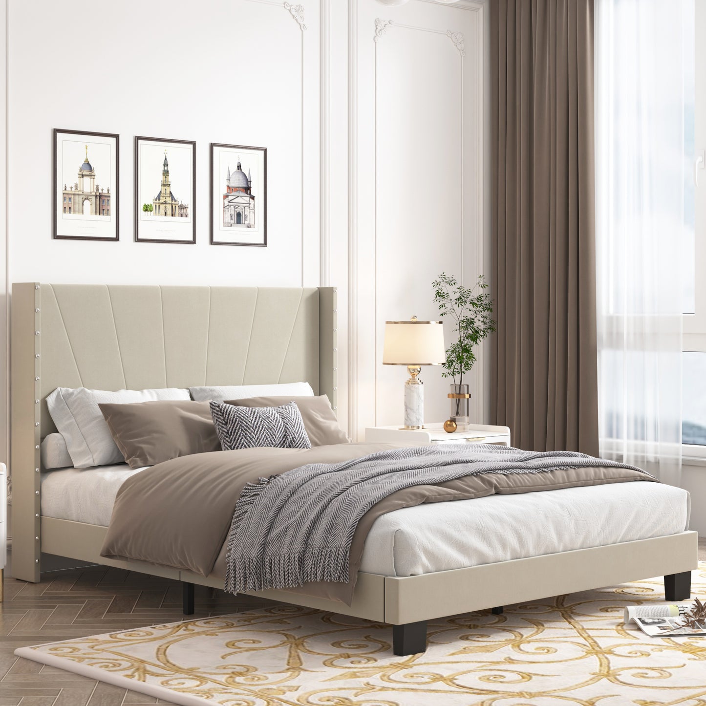 BTMWAY Upholstered Platform Bed, Queen Size Black Queen Bed Upholstered Bed Frame, Slatted Queen Bed with Headboard, No Box Spring Need, Modern Bedroom Furniture, Holds Up to 800lbs, Black,A4459