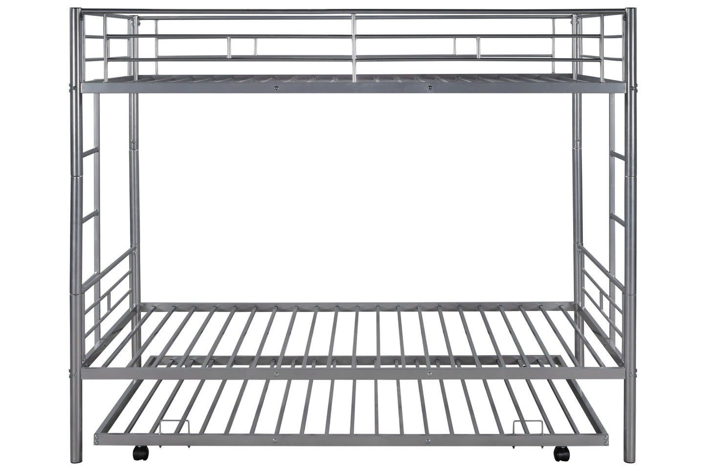 Twin Metal Bunk Bed with Trundle, Twin Over Twin Bunkbed, Twin Size Convertible Trundle Bunk Bed Frame for Kids Teens, Dorm Room Metal Twin Bed Frame with Ladder, No Box Spring Needed, Silver, A4274