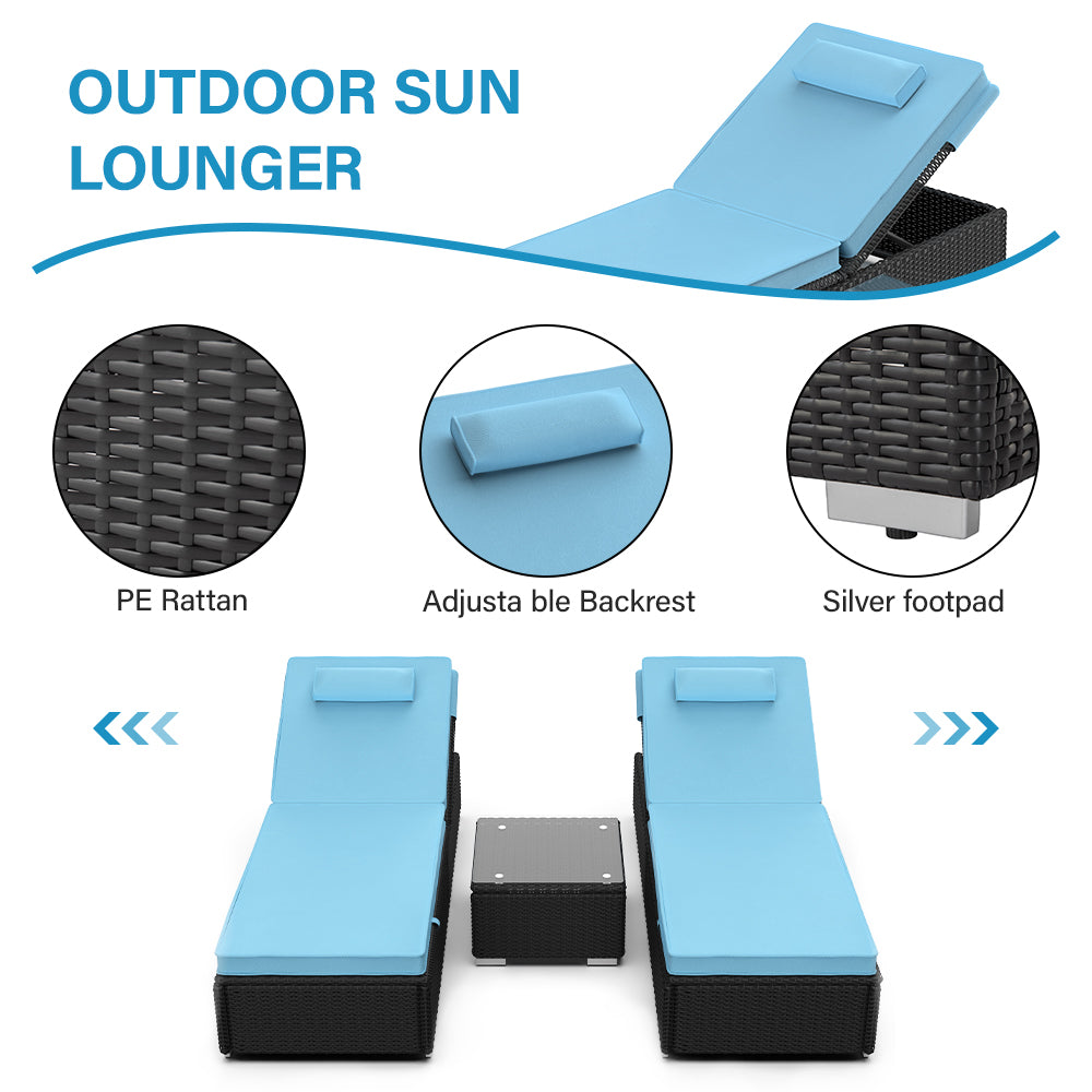 BTMWAY Outdoor Rattan Chaise Lounge Chair with Adjustable Backrest, Coffee Table, Removable Cushions, Reclining Pool Chaise Lounge, Outdoor Patio Pool Lounge Furniture, A2473