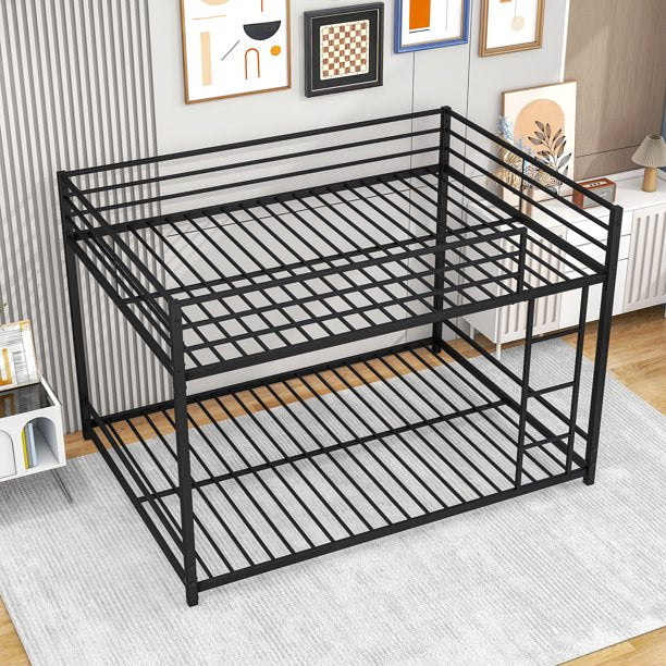 Full Over Full Bunk Bed, BTMWAY Modern Metal Bunk Bed Frame, Full Size Floor Bunkbeds with Guardrails Ladder, Slatted Support, No Box Spring Needed, Kids Bedroom Furniture, Up to 400lbs Capacity