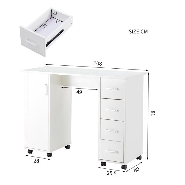 Manicure Table, BTMWAY Wood Nail Salon Station Table, Rolling Manicure Nail Desk with Storage Drawers, Nail Beauty Spa Salon Desk Workstation, 42.52"(L) x29.52"(H) x 17.72"(W), White, A2401