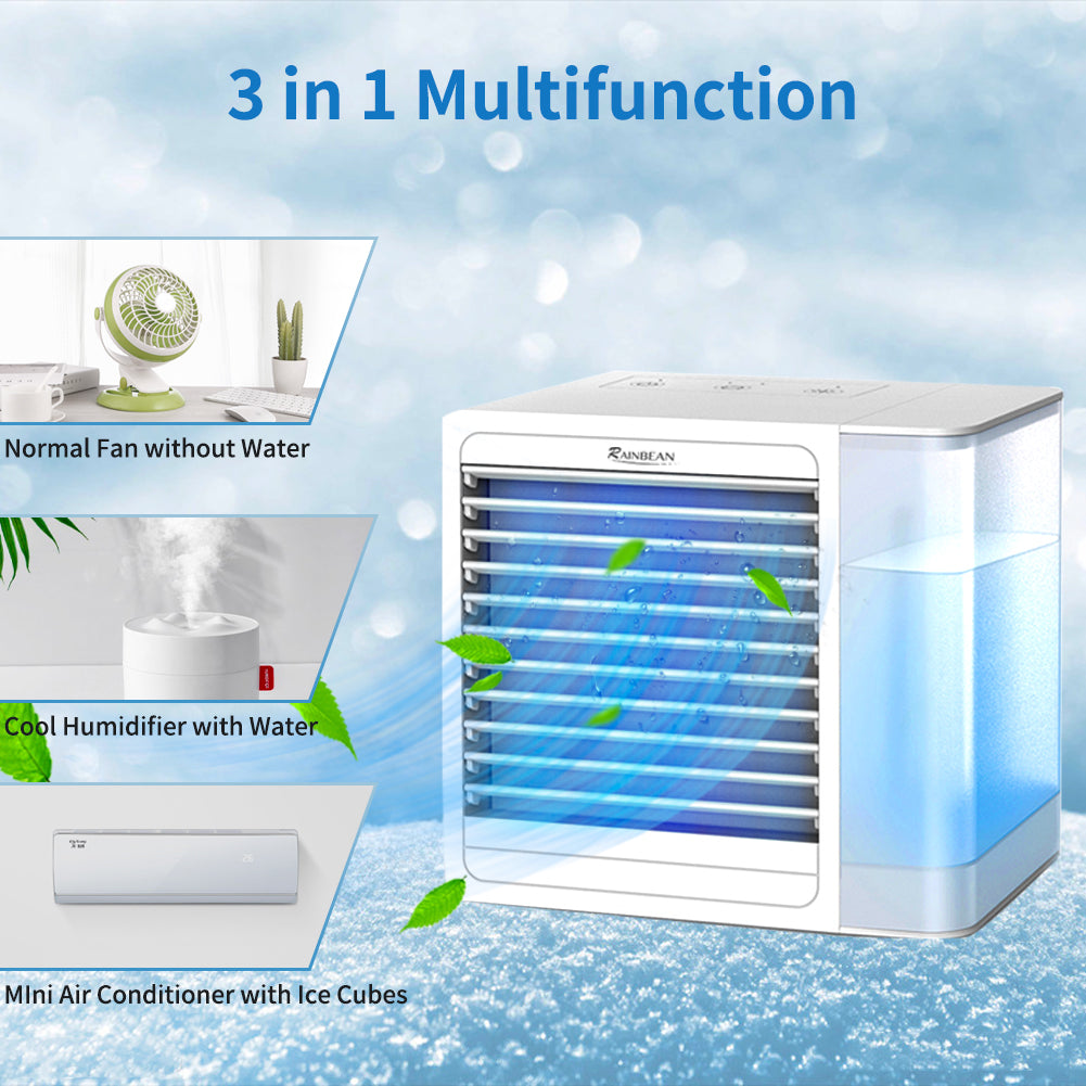 BTMWAY Portable Air Conditioner Fan, Small Personal Air Conditioner Desk Fan, USB Mini Air Cooler Fan with Icebox, 2 Speed, LED Light, 800ml Water Tank, Water Air Cooler Fan for Office, Outdoor, White