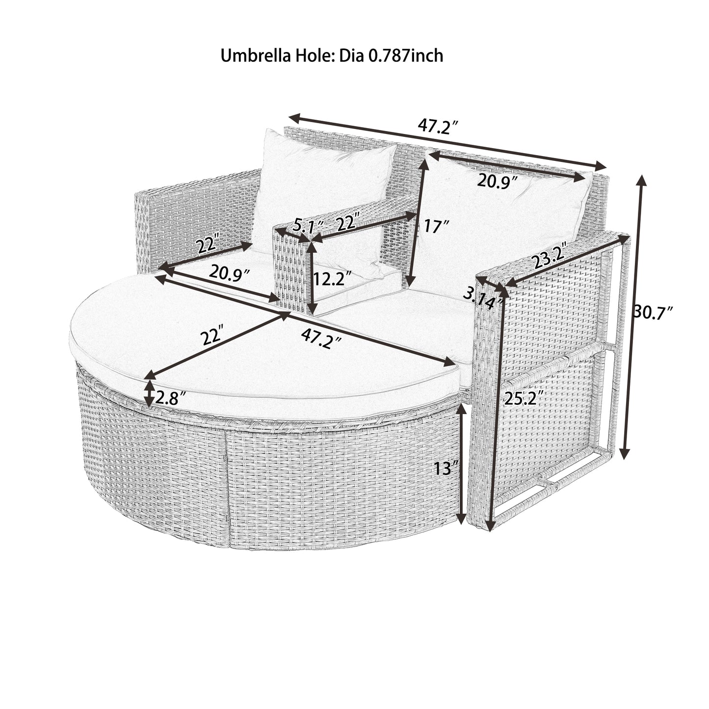 BTMWAY 2 Pcs Patio Furniture Set, Outdoor Wicker Half-moon Sectional Furniture Set with Side Table and Umbrella Hole, Gray