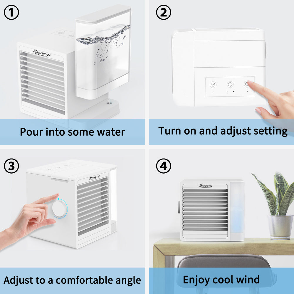 BTMWAY Portable Air Conditioner Fan, Small Personal Air Conditioner Desk Fan, USB Mini Air Cooler Fan with Icebox, 2 Speed, LED Light, 800ml Water Tank, Water Air Cooler Fan for Office, Outdoor, White