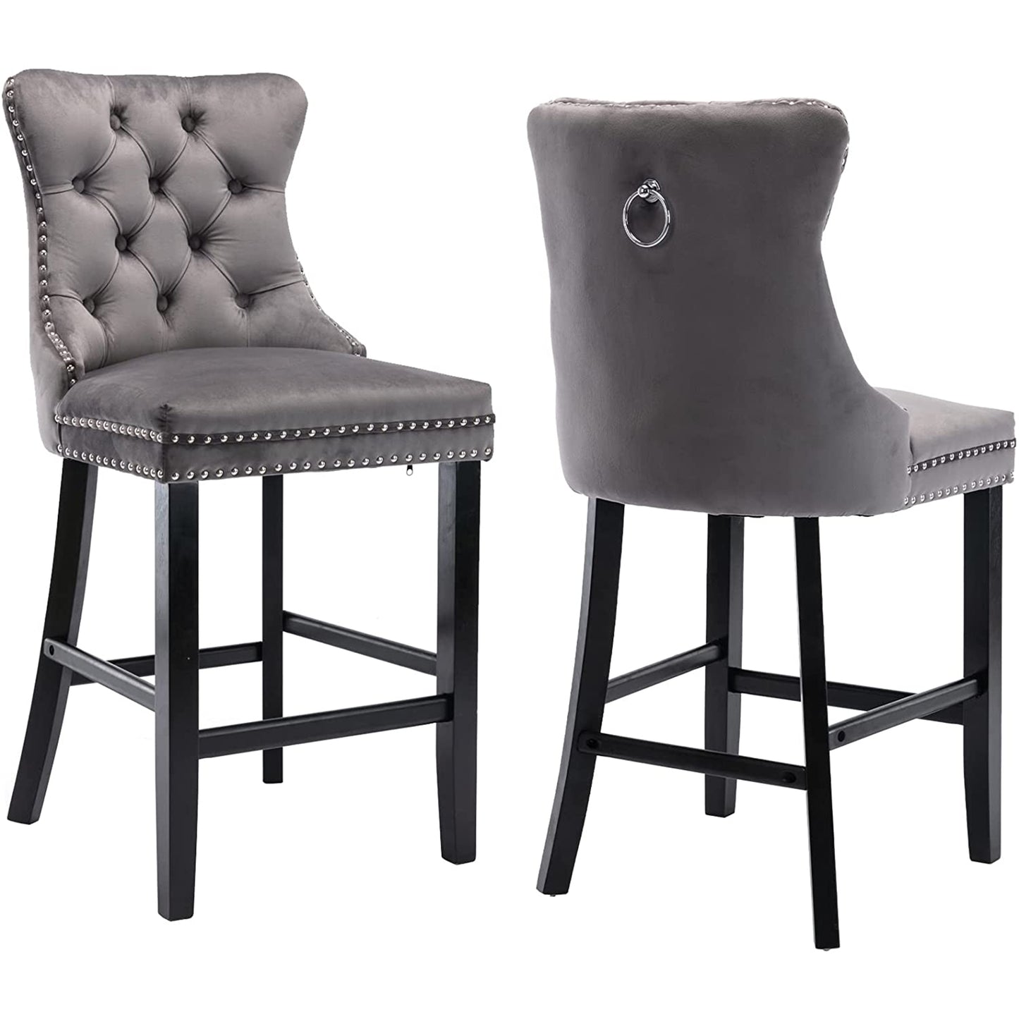 BTMWAY Counter Height Bar Stools Set of 2, Velvet Upholstered Bar Chairs with Nailheads & Gold Tipped Black Metal Legs