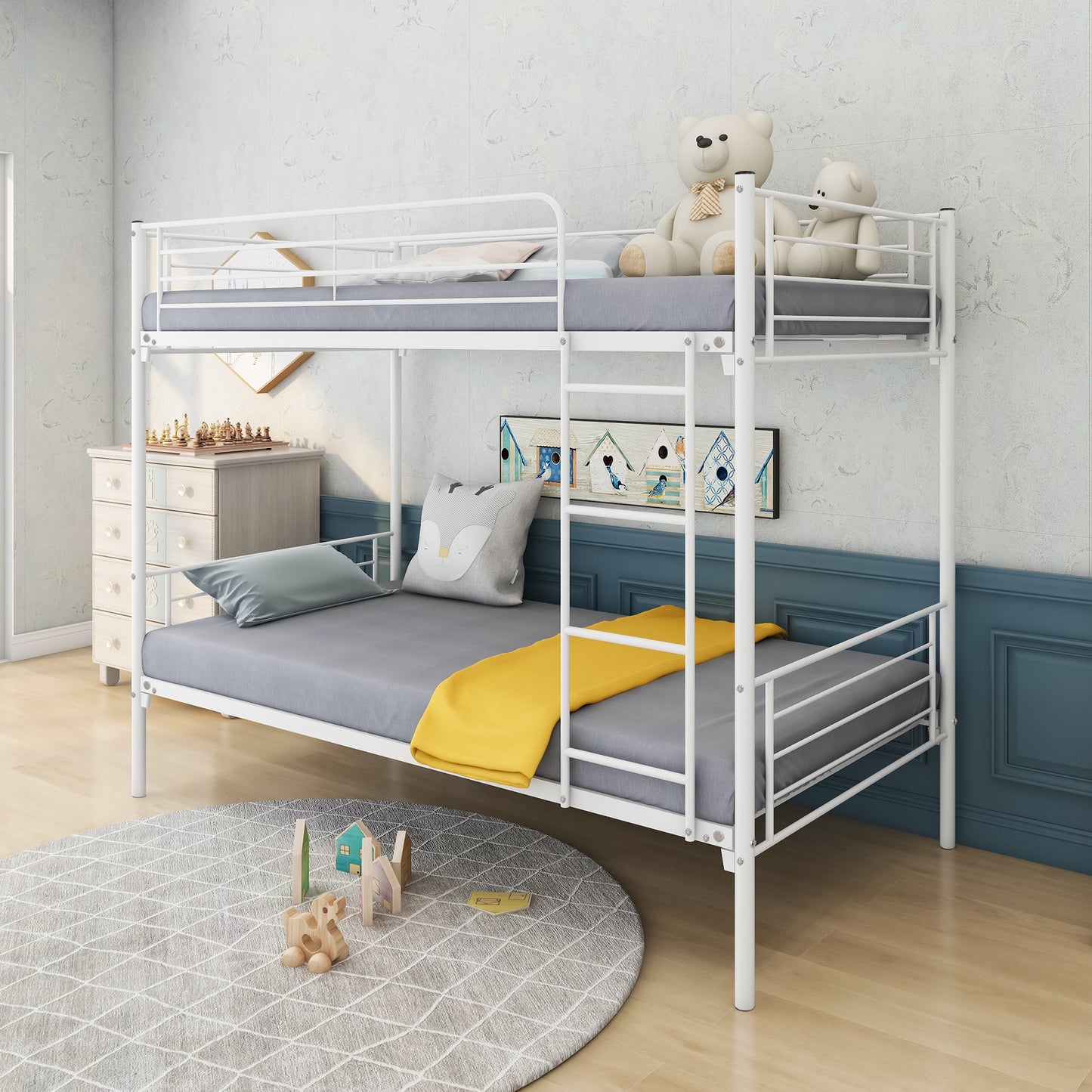 Bunk Beds Twin Over Twin, BTMWAY Twin Bunk Beds for Kids Teens Adults, Modern Metal Twin Bunk Beds No Box Spring Needed, Heavy Duty Twin Over Twin Bunk Beds with Guard Rails and Ladders, White