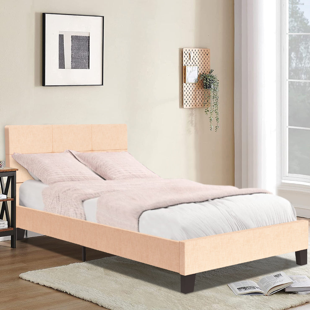 Twin Platform Bed Frame, Twin Size Bed Frame with Tufted Headboard, No Box Spring Needed, Modern Upholstered Twin Platform Bed, Bedroom Furniture Twin Bed Frame for Kids Adults, Beige, R2648